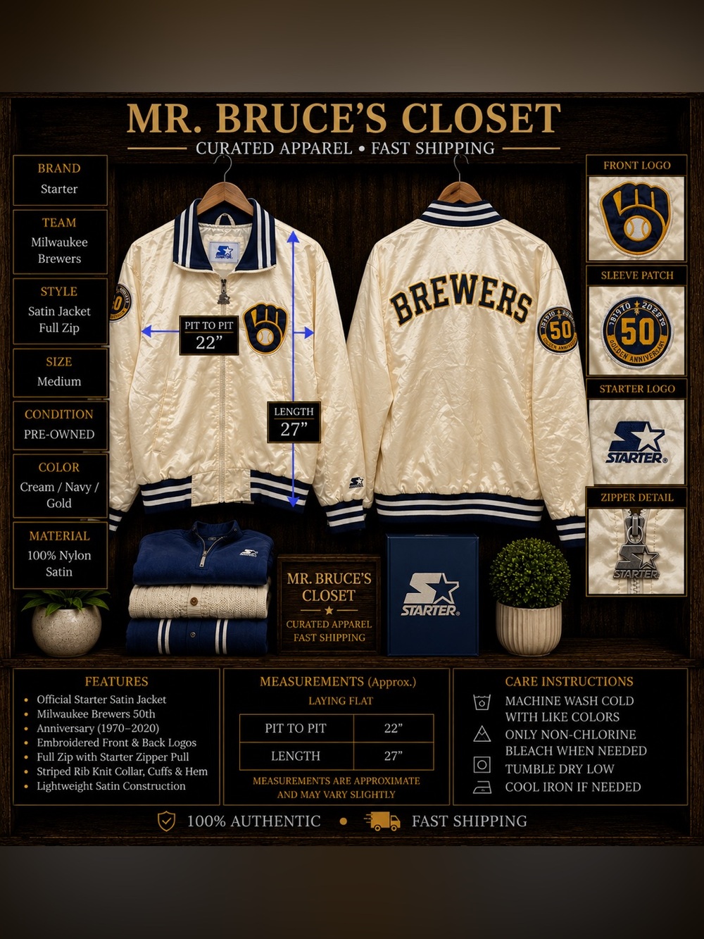 Milwaukee Brewers Starter Satin Jacket Men M 50th Anniversary 1970-2020 MLB